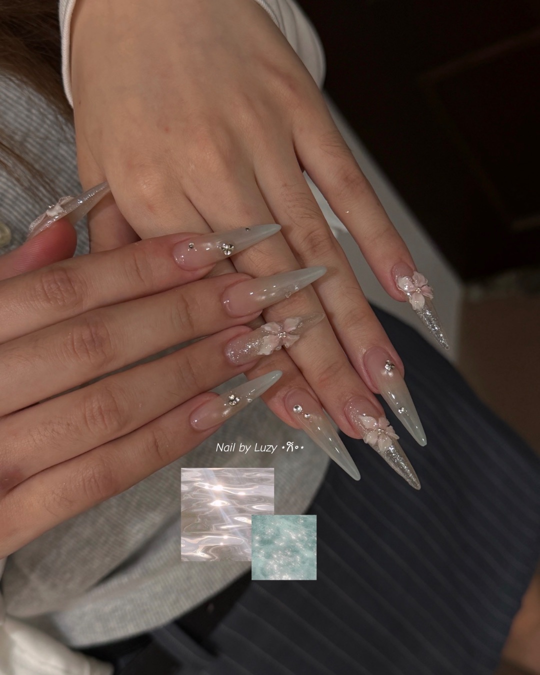 薄荷綠冰晶雕花，美甲作品