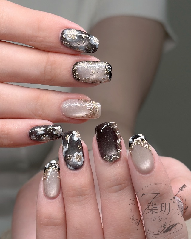暮金浮花，美甲作品
