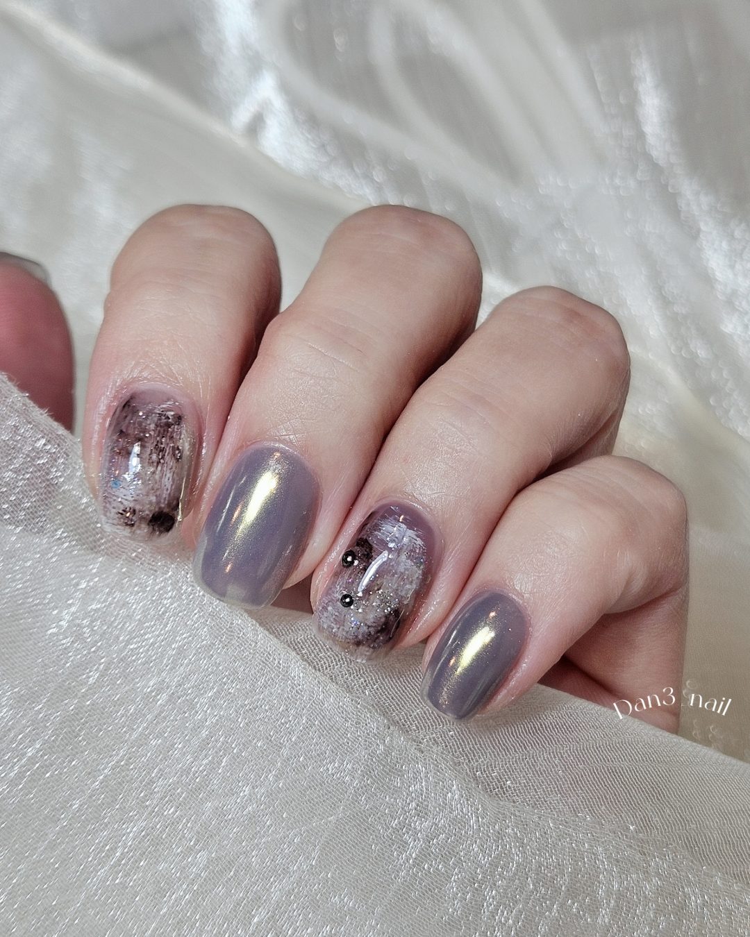 灰紫肌理墨染ᯓ，美甲作品