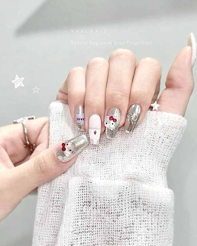 銀色閃粉kitty,美甲作品