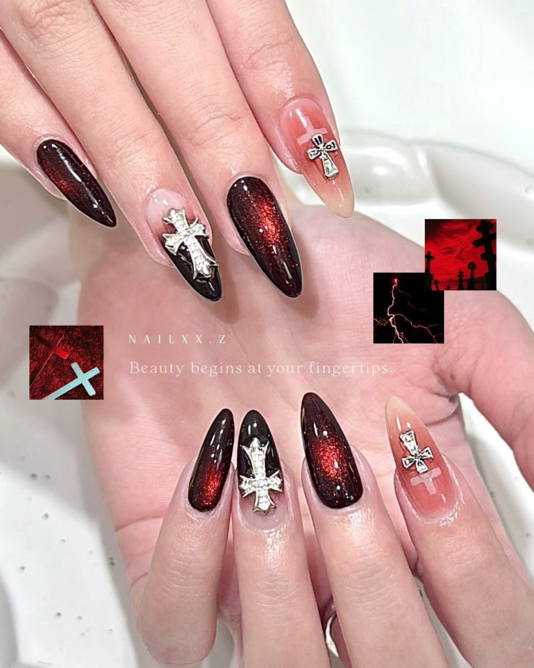 紅黑色克羅心，美甲作品