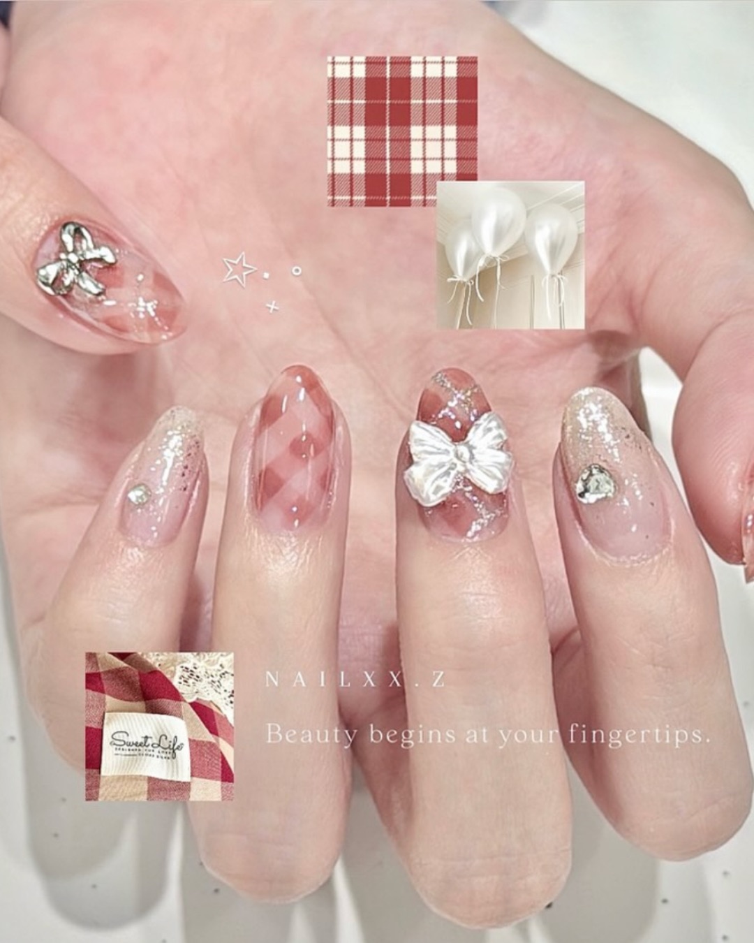 可愛格紋 ♡，美甲作品