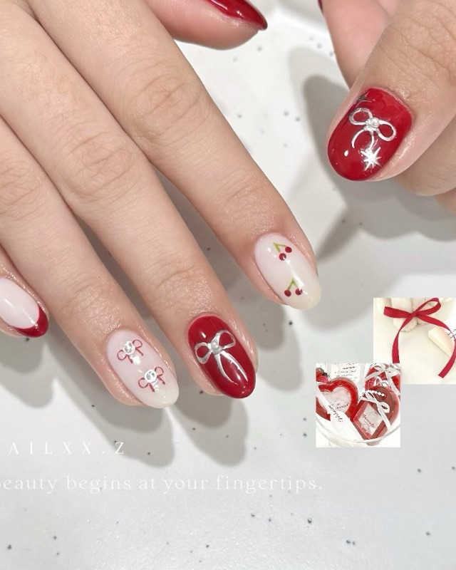紅白🍒🎀,美甲作品
