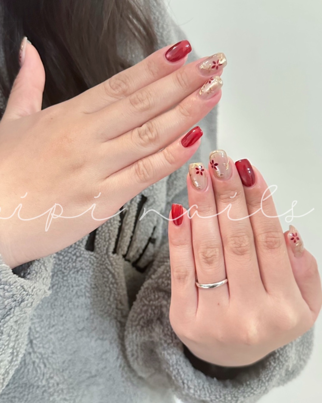 國風小紅花，美甲作品