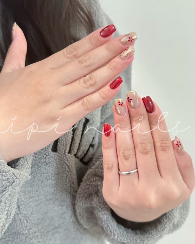 國風小紅花，美甲作品