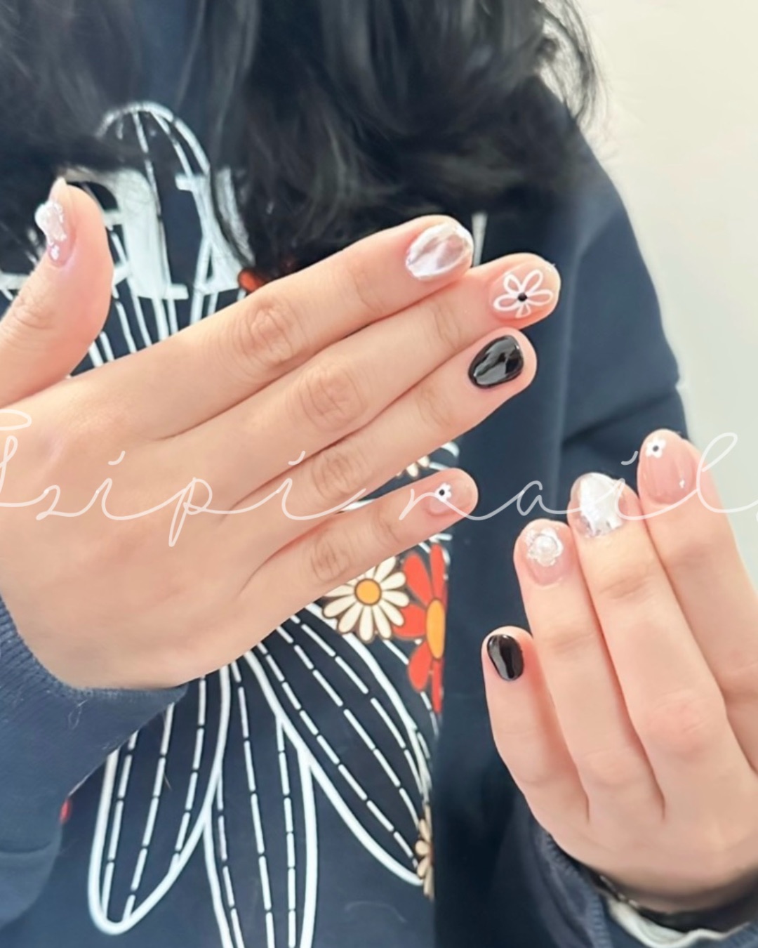 金屬感小花🌸🖤，美甲作品