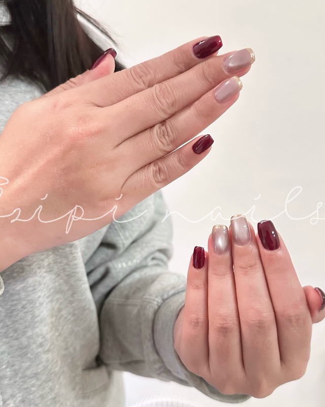 酒紅色鏡面法式，美甲作品